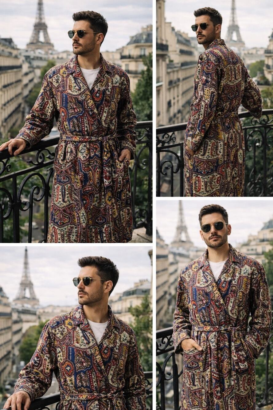 VTG 1970s Robe Smoking Jacket Cotton Medium Van Heusen Spa Old Money Classic